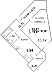 Однокомнатная квартира 39.12 м²