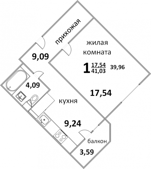 Однокомнатная квартира 40.16 м²