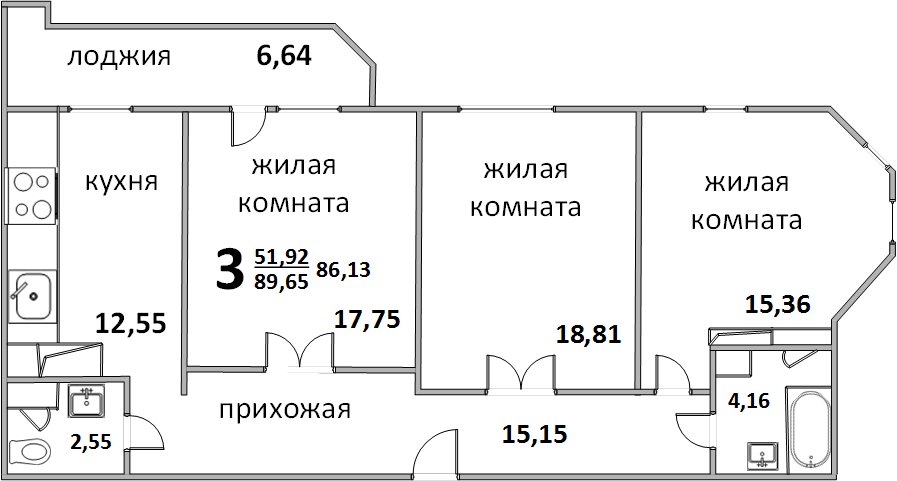 Трёхкомнатная квартира 89.77 м²