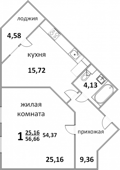 Однокомнатная квартира 57.16 м²