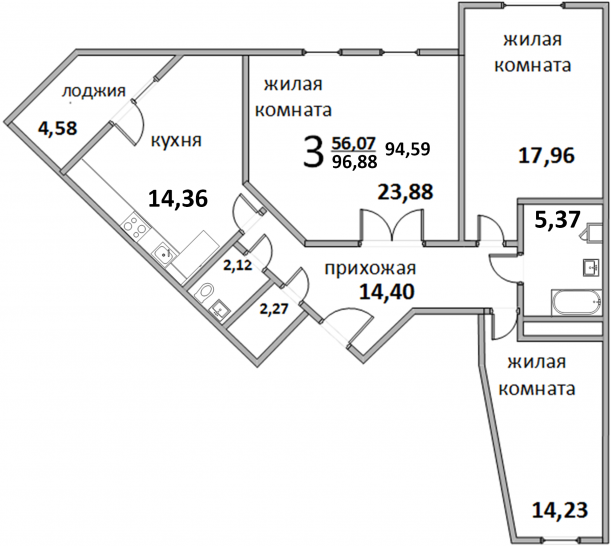 Трёхкомнатная квартира 97.39 м²