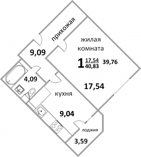 Однокомнатная квартира 40.94 м²