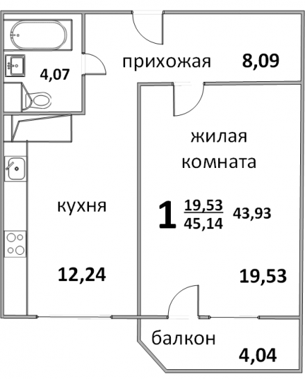 Однокомнатная квартира 45.14 м²