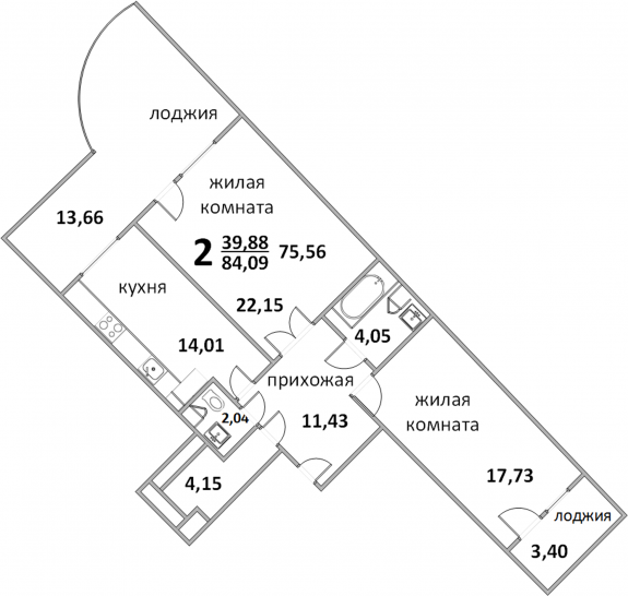 Двухкомнатная квартира 84.34 м²