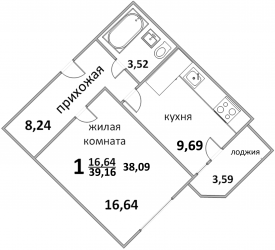Однокомнатная квартира 41.03 м²