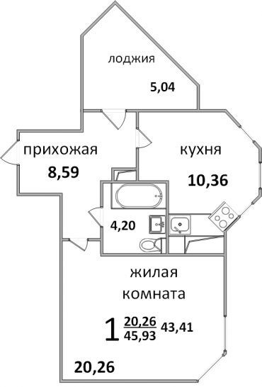 Однокомнатная квартира 45.67 м²